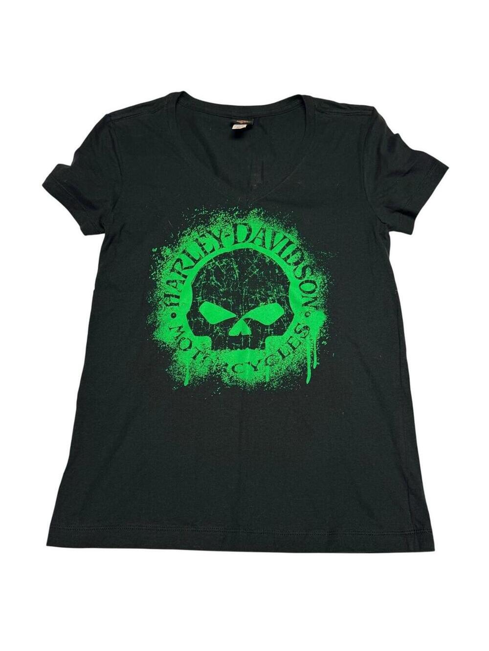 Harley Davidson Women’s Black V-Neck T-Shirt Green Skull Graphic Small Biker Tee